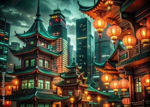 Neon-lit Cyberpunk City With Traditional Asian Lanterns at Dusk. Generative AI