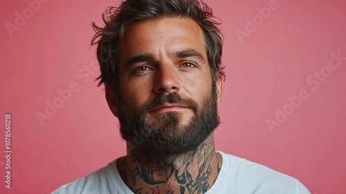 handsome brutal man 35 years old with tattoo on pink background, Lovelace