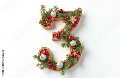 Intertwined christmas decorations number “1”, realist precision, high saturation, beautiful, inspiring, isolated, flat white background