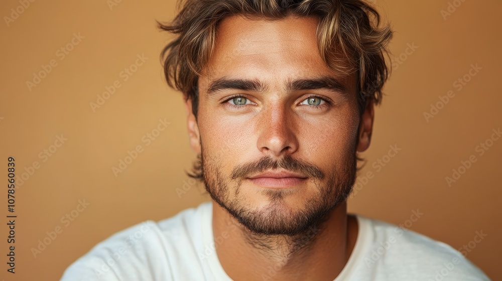 Fototapeta premium portrait of attractive caucasian man 35 years old on beige background