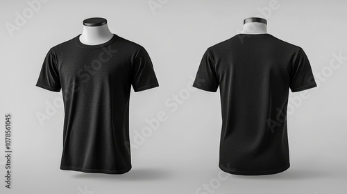 A classic black t-shirt shown from the front and back against a plain, neutral backdrop, emphasizing its versatile and timeless appeal for casual wear. photo