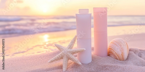 Sunlit beach theme with cosmetic tube and shell decor photo