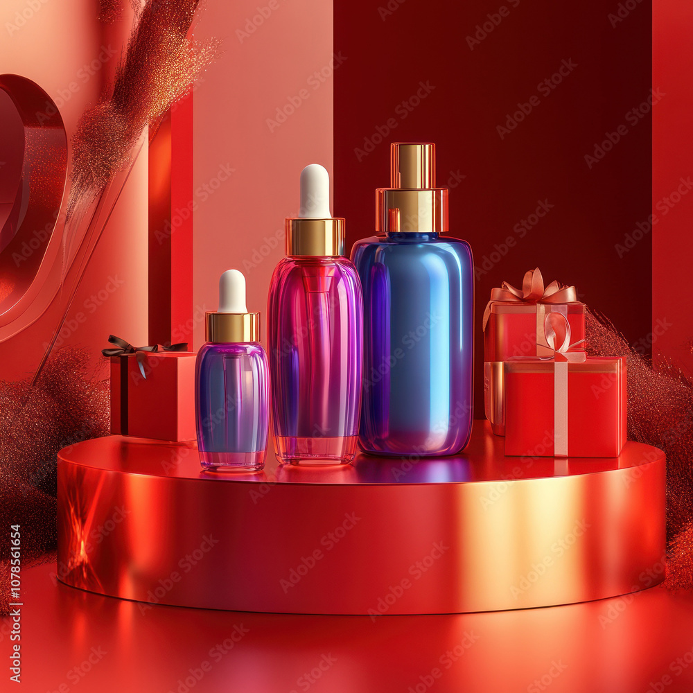 Colorful bottles on red display with gift boxes Colorful bottles on red display with gift boxes