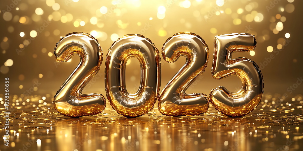 Numbers 2025 made out of chrome helium balloons, on a shiny golden backdrop with shimmering lights Christmas and New Year wide horizontal banner Numbers 2025 made out of chrome helium balloons, on a shiny golden backdrop with shimmering lights Christmas and New Year wide horizontal banner