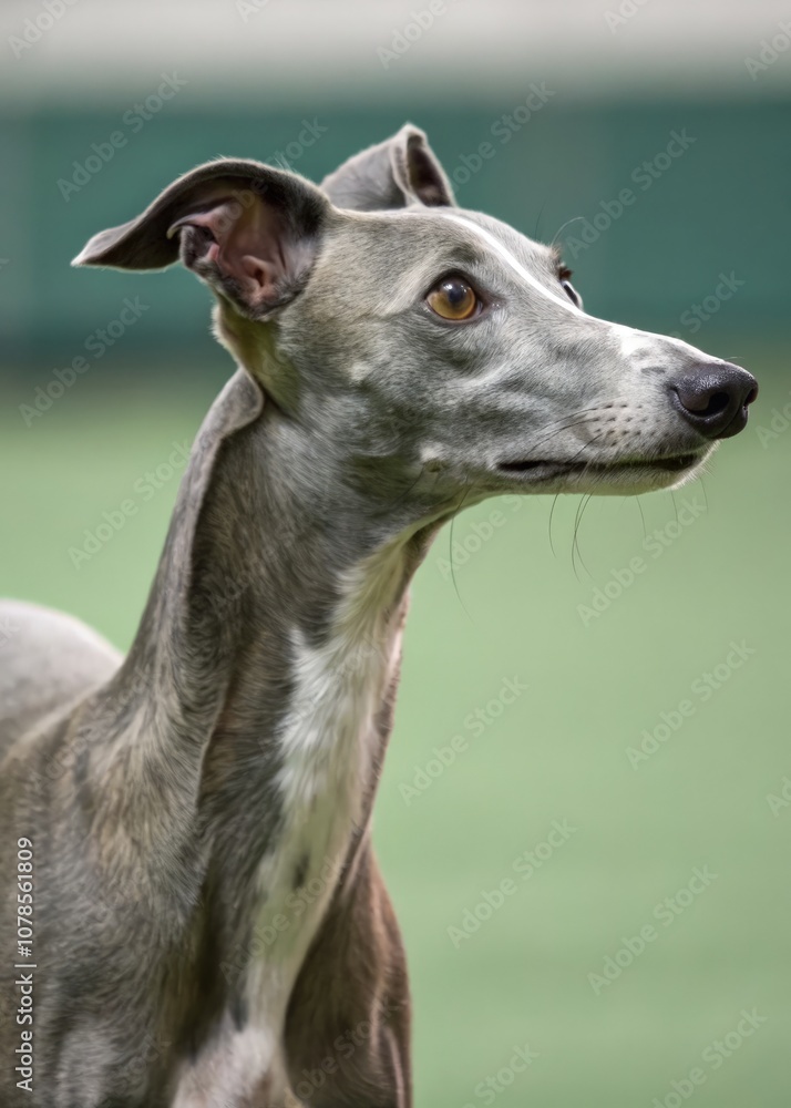 Whippet Stands Alert at a Dog Park During a Sunny Afternoon Playtime. Generative AI Whippet Stands Alert at a Dog Park During a Sunny Afternoon Playtime. Generative AI