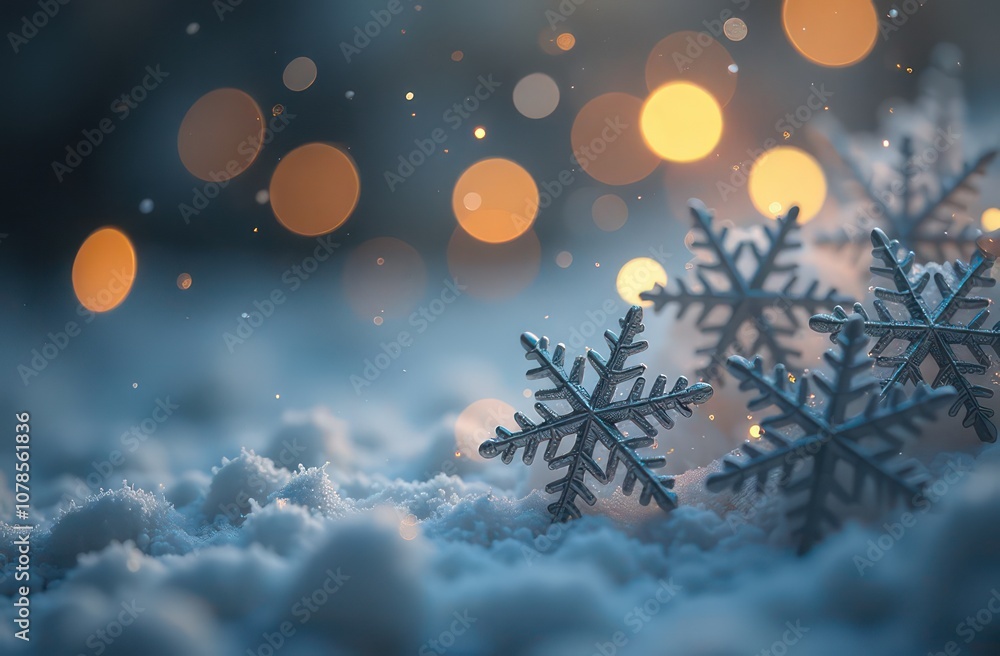 Naklejka premium Silver snowflakes on a festive background with bokeh