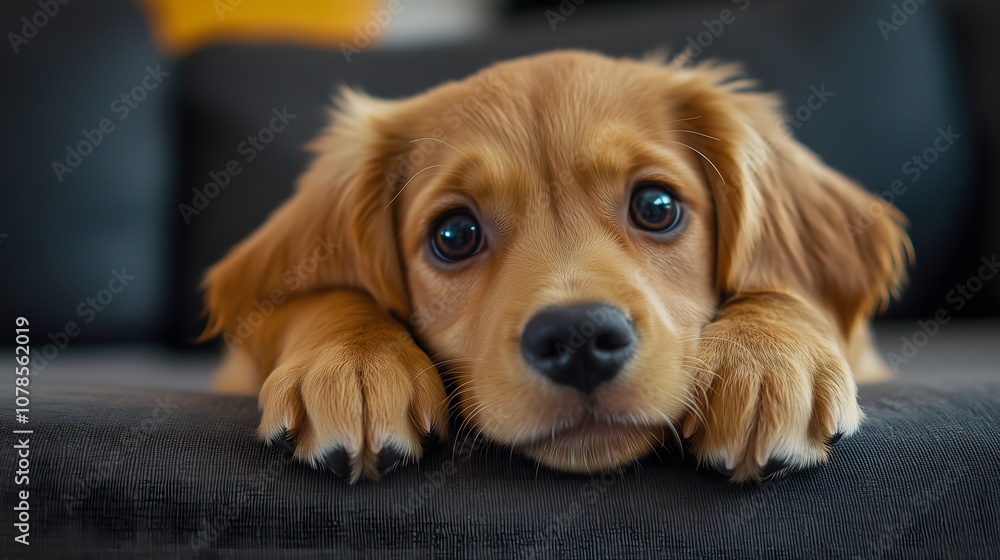 Adorable golden retriever puppy with big blue eyes resting head on paws while looking up with pleading expression, copy space Adorable golden retriever puppy with big blue eyes resting head on paws while looking up with pleading expression, copy space