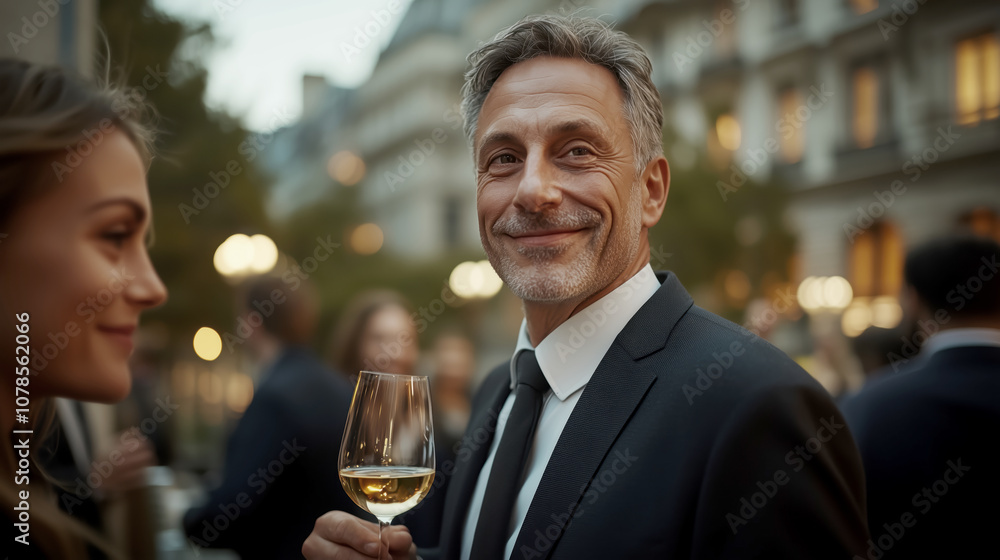 Sophisticated man enjoying a glass of wine at an evening event Sophisticated man enjoying a glass of wine at an evening event