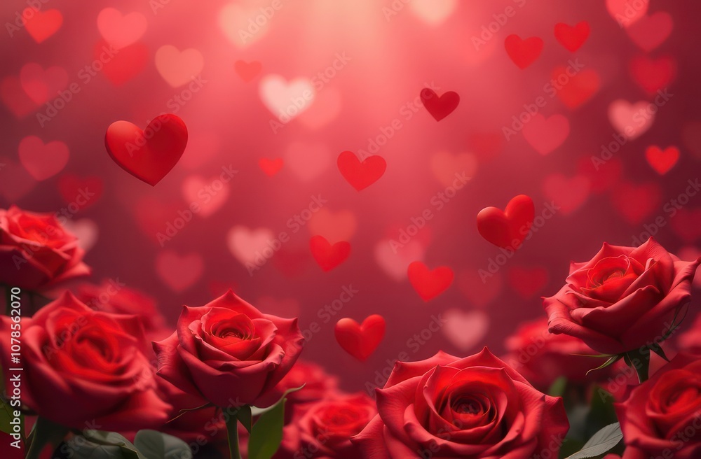 Top down view, many red hearts, bokeh, red roses, background made of flowers and hearts, soft light pastel colors Top down view, many red hearts, bokeh, red roses, background made of flowers and hearts, soft light pastel colors