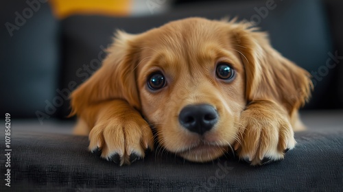 Adorable golden retriever puppy with big blue eyes resting head on paws while looking up with pleading expression, copy space