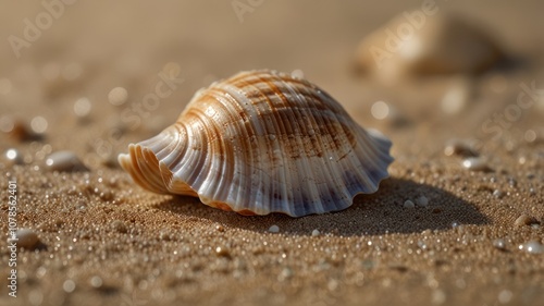 A close-up of a seashell on a sandy beach with a blurry background, illuminated by the sun.