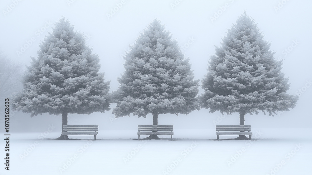 Fototapeta premium Snow-Covered Pine Trees & Benches in a Tranquil Winter Fog