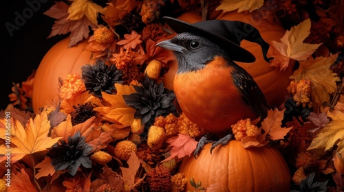 A whimsical bird dons a witch hat, surrounded by vibrant autumn leaves, pumpkins, and flowers, creating a playful and seasonal scene filled with Halloween spirit. photo