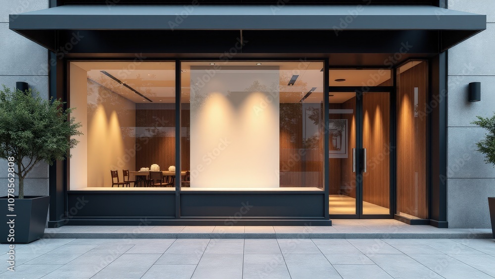 Realistic storefront mockups with glass windows and blank signage area, ideal for urban retail branding. Realistic storefront mockups with glass windows and blank signage area, ideal for urban retail branding.