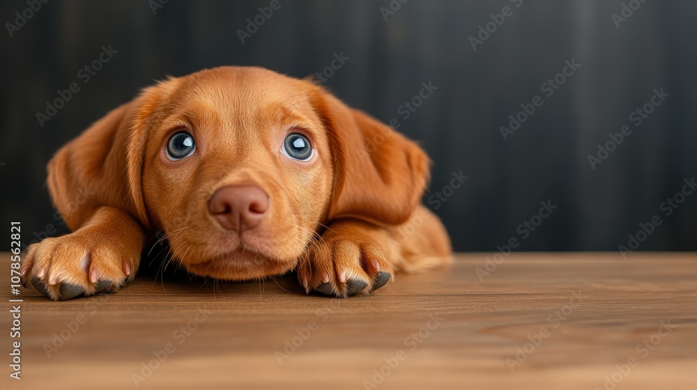 A small puppy with expressive blue eyes lies on a wooden floor, looking gently up, evoking innocence and trust within a secure and comfortable space.