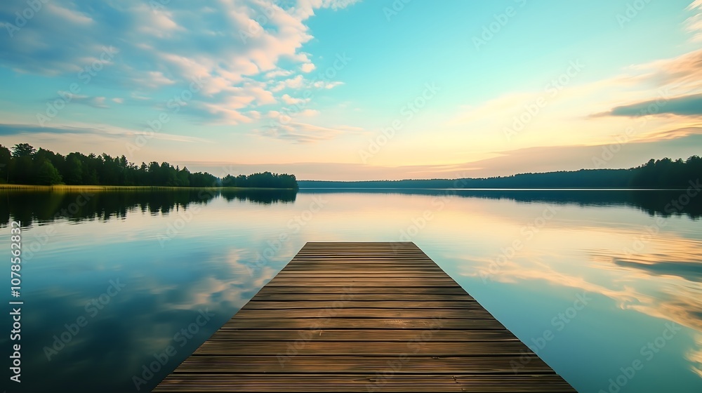 Naklejka premium Wooden dock extending over calm lake with perfect sky reflection during sunset against forest shoreline, copy space