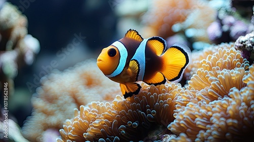 A vibrant orange and white clownfish swims among colorful coral.