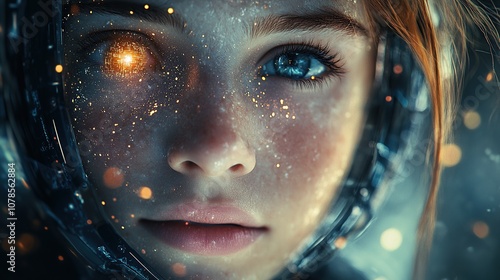 Closeup of a young woman with a futuristic helmet, her eye glows with digital code.