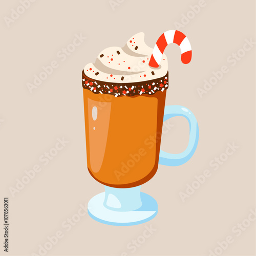 A glass cup with coffee drinks, cacao, with whipped cream, candy on beige background for stickers, icons, posters, cards 