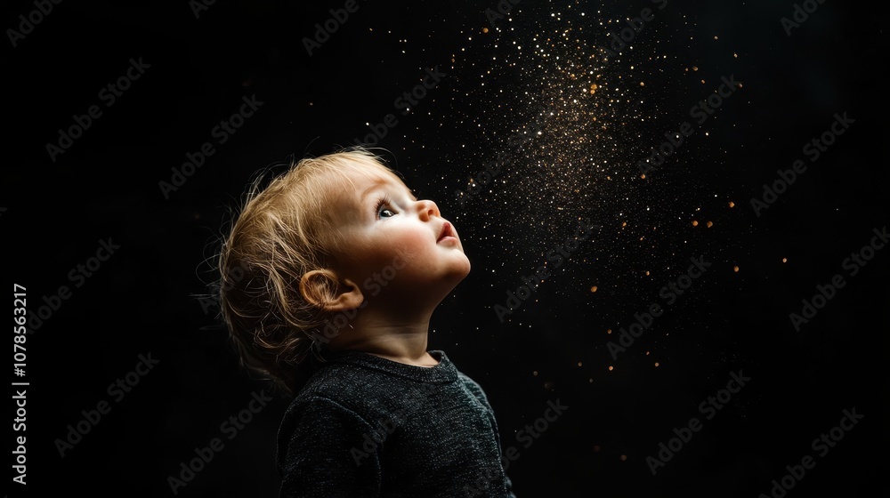 A young child looking upwards in wonder at sparkling lights, embodying curiosity and the magic of childhood in a striking visual with dark background.