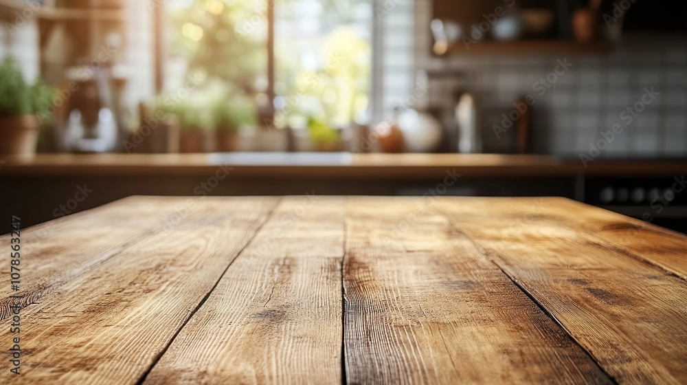 Empty wooden table top in front of blurred kitchen background. (2) Empty wooden table top in front of blurred kitchen background. (2)