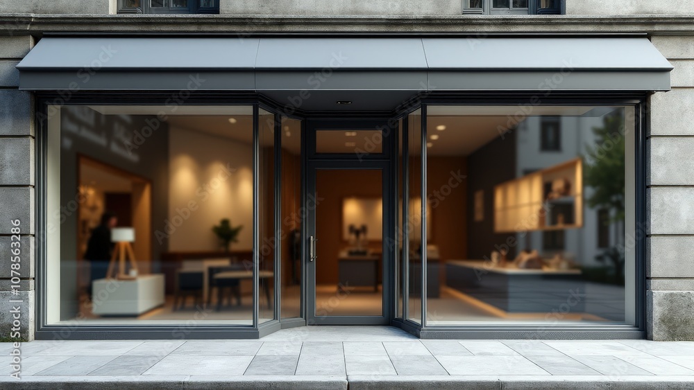 Professional storefront window mockup with clear glass and a blank sign area for showcasing logos.