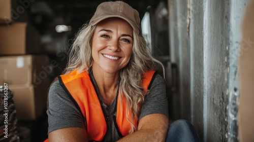 A middle-aged woman with gray hair and a hat smiles warmly while seated on a truck, showcasing her confidence and approachability in her working environment. photo