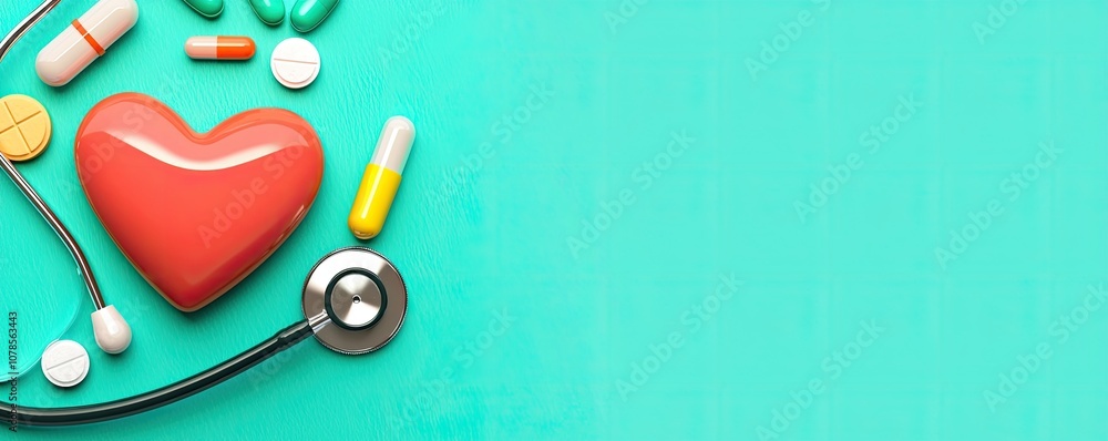 A vibrant arrangement of a red heart, assorted pills, and a stethoscope on a teal background, symbolizing health and wellness. A vibrant arrangement of a red heart, assorted pills, and a stethoscope on a teal background, symbolizing health and wellness.