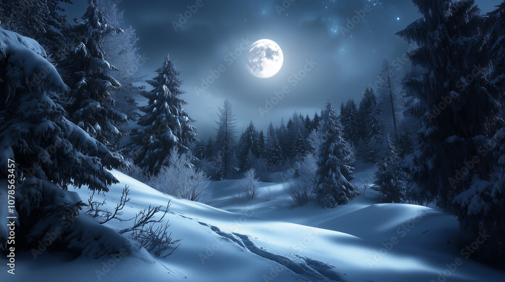 Winter moonlit landscape with frosty trees