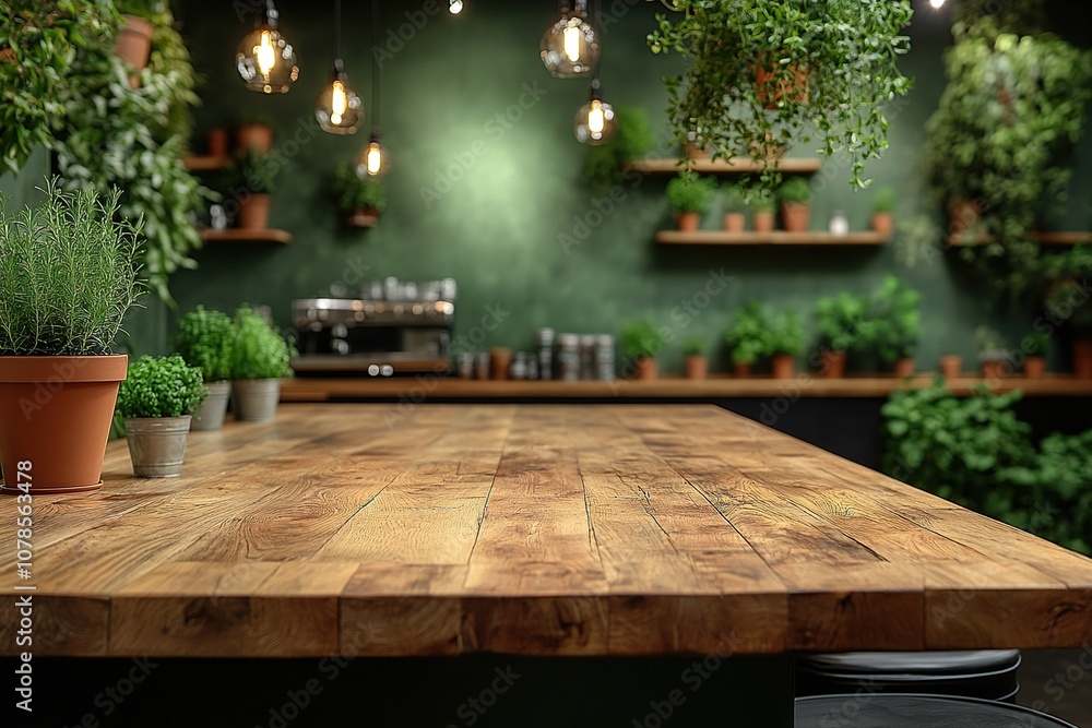 Empty wooden table in a cafe with green plants and a coffee machine in the background. Empty wooden table in a cafe with green plants and a coffee machine in the background.