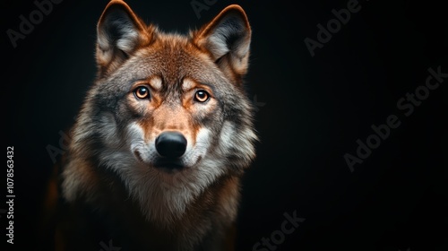 This portrait captures a wolf with piercing eyes against a dark background, highlighting its essence of determination, power, and mysterious presence in nature.