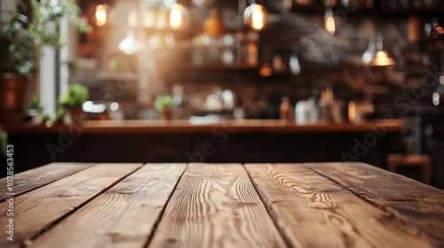 Rustic wooden table top with blurred bar background.