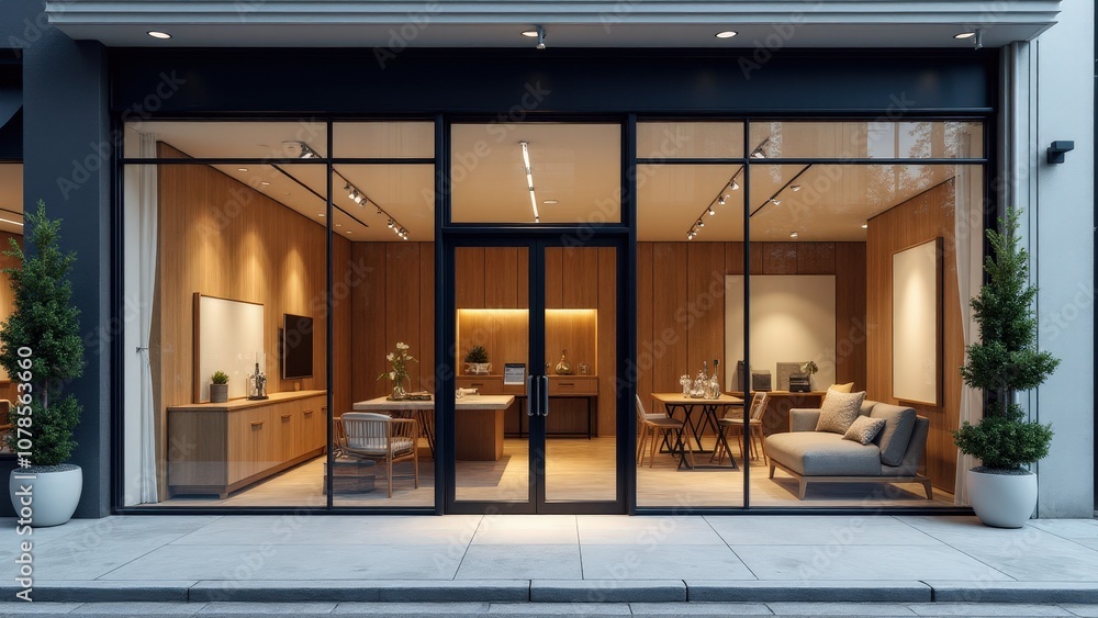 Elegant outdoor storefront sign mockup with a modern glass window, ready for logos or signage. Elegant outdoor storefront sign mockup with a modern glass window, ready for logos or signage.