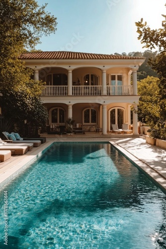 Wallpaper Mural Elegant villa with a pool surrounded by trees during sunset in a serene location Torontodigital.ca