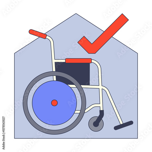 Wheelchair inside a house with a checkmark, symbolizing accessibility.