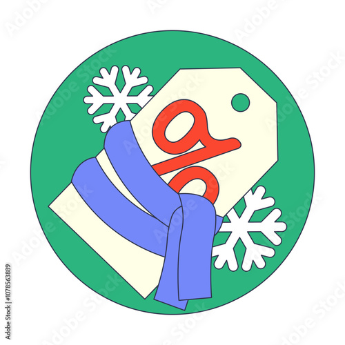 A sale tag wrapped in a winter scarf with snowflakes, symbolizing winter discounts.