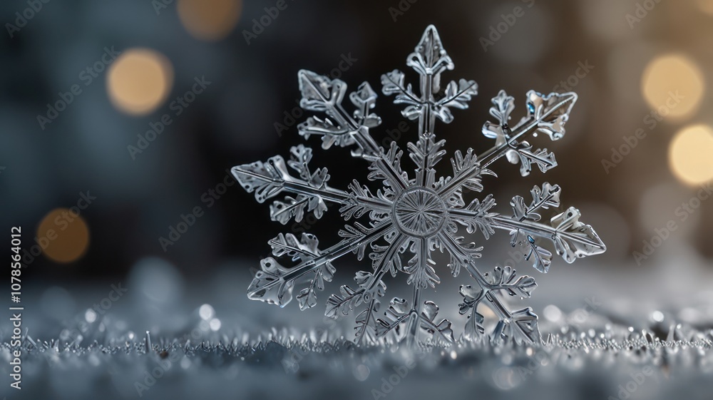 A single, perfectly formed snowflake with delicate details rests on a bed of snow against a warm bokeh background. A single, perfectly formed snowflake with delicate details rests on a bed of snow against a warm bokeh background.