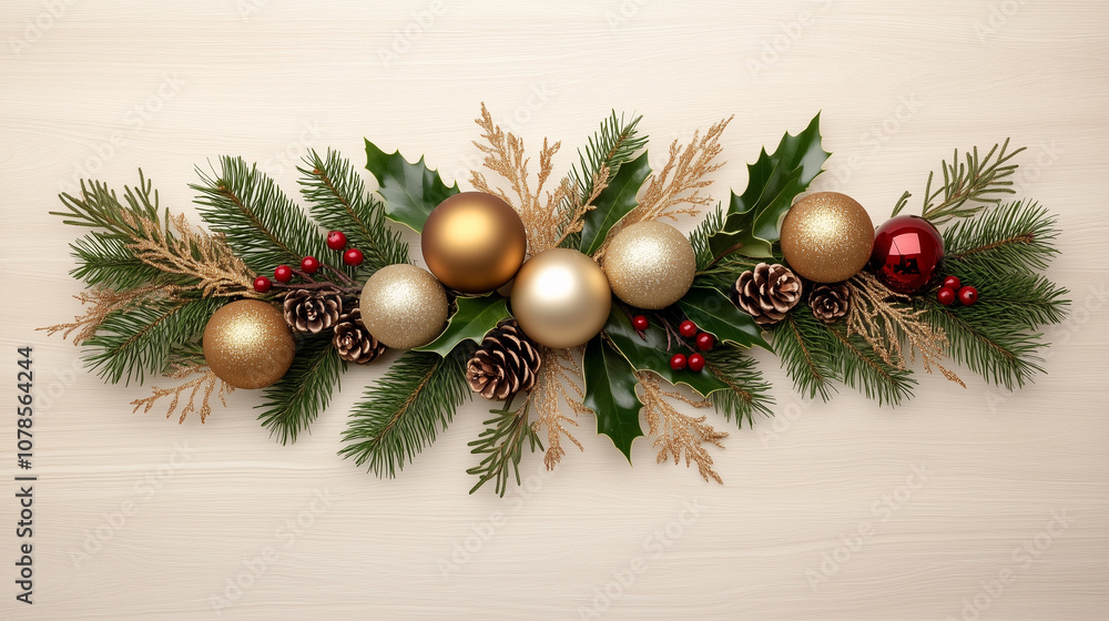 Festive Christmas garland with gold ornaments Festive Christmas garland with gold ornaments