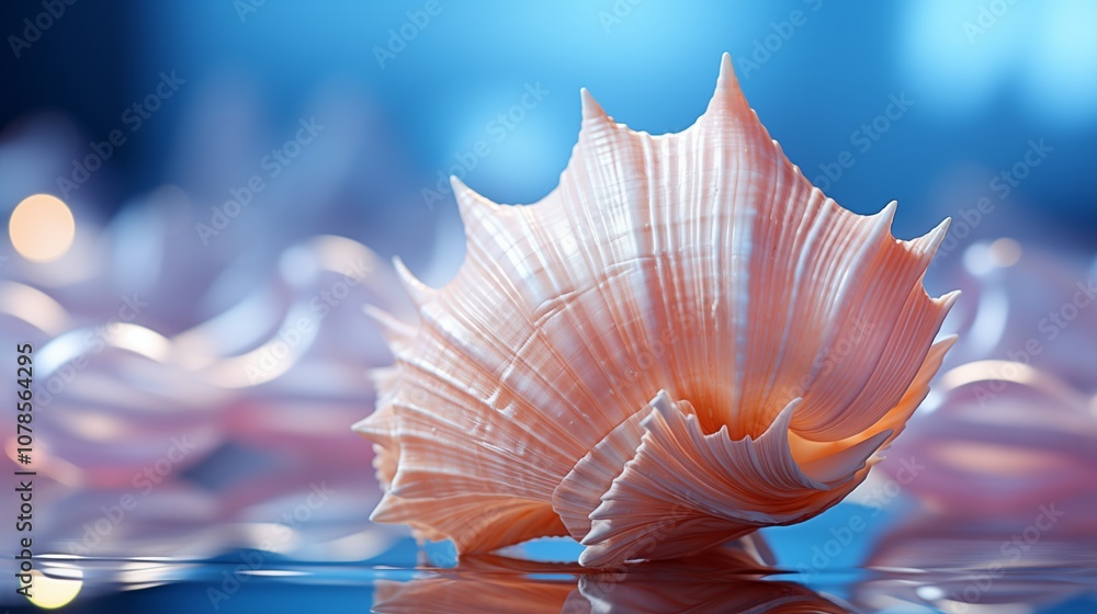 Beautiful close-up of a sea shell on blue background, highlighting intricate textures and ocean-inspired decor details. Beautiful close-up of a sea shell on blue background, highlighting intricate textures and ocean-inspired decor details.