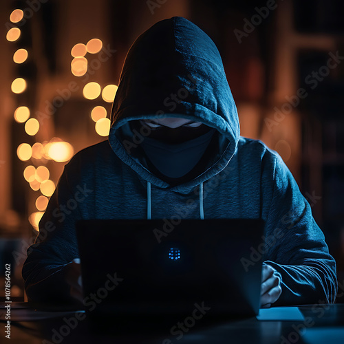 Mysterious figure in hoodie using laptop in dimly lit room, surrounded by blurred lights, evoking sense of intrigue and secrecy photo