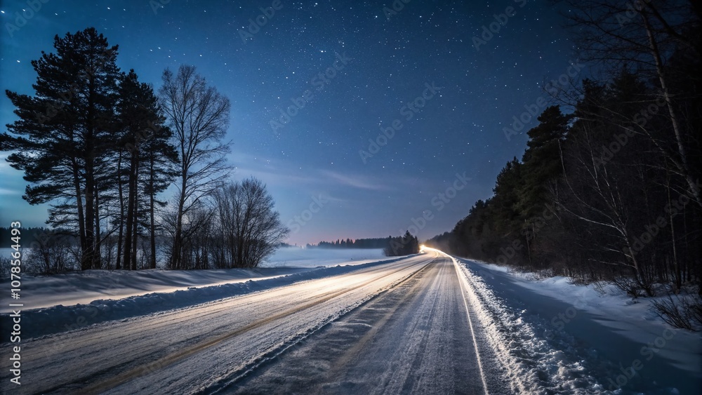 Naklejka premium Nighttime Winter Road with Blinding Lights on Icy Surface: A Chilling Landscape Photography Experience Capturing the Essence of Frozen Journeys Under the Stars