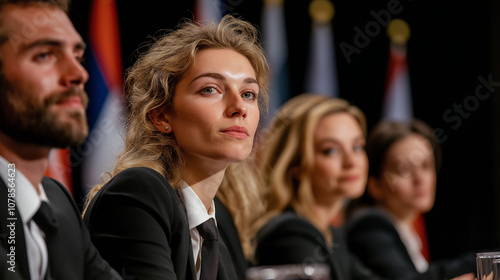 A realistic image of a group of young, diverse adults passionately debating in a grand conference room, wearing formal attire. Behind them, flagpoles of various nations add a globa photo