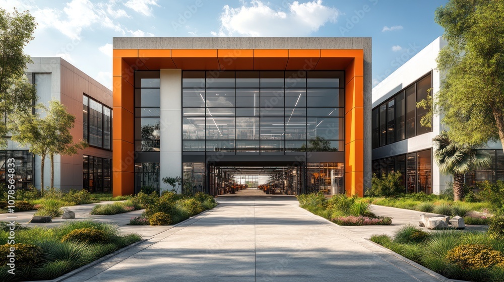 Modern architectural building with landscaped entrance and greenery. Modern architectural building with landscaped entrance and greenery.