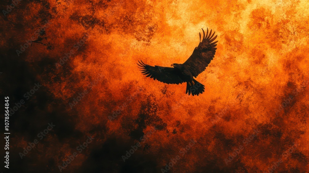 Obraz premium A majestic eagle soars through a fiery sky, its silhouette a stark contrast against the blazing orange and red hues.