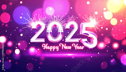 Vibrant New Year celebration with '2025' in sparkling glitter font, set against a colorful bokeh background of pink, purple hues, radiating joy and festivity. generative ai