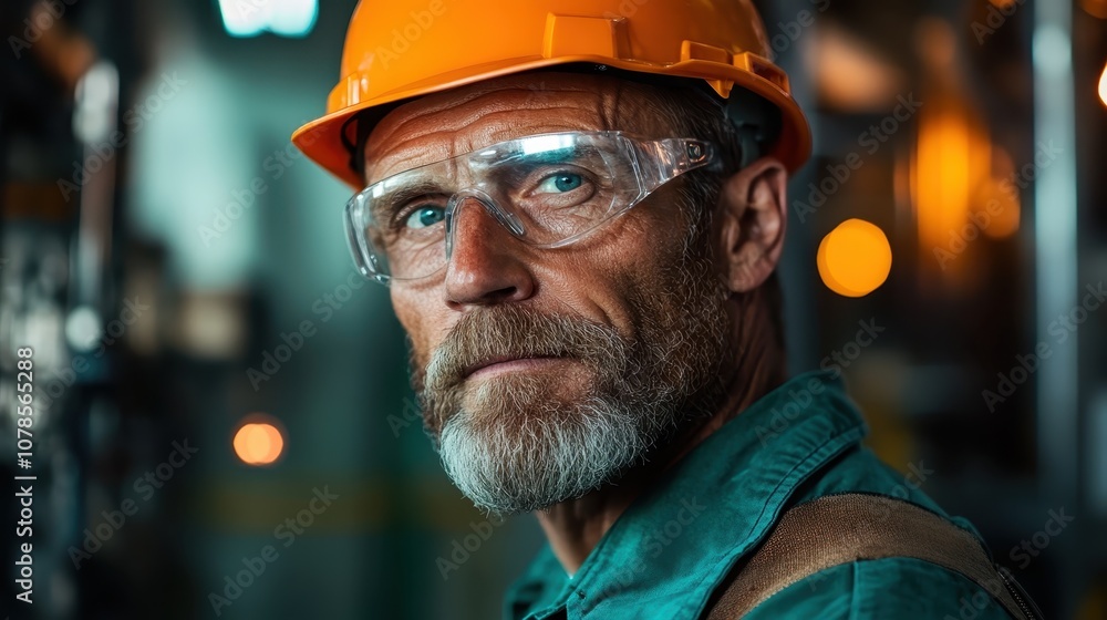 An experienced worker with a gray beard wearing safety gear, including a hard hat, exudes wisdom and focus in a modern engineering workshop environment. An experienced worker with a gray beard wearing safety gear, including a hard hat, exudes wisdom and focus in a modern engineering workshop environment.