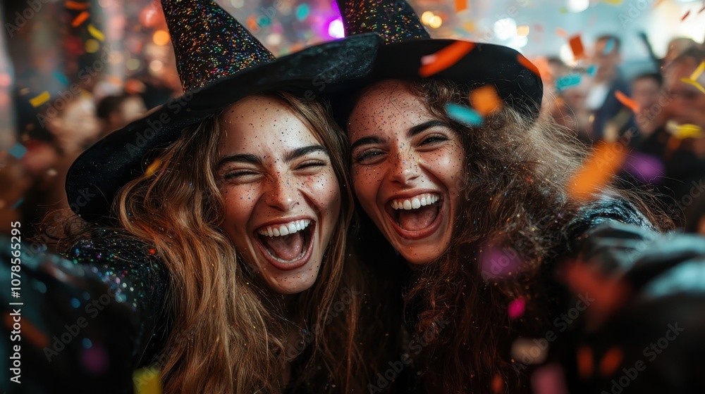 Two friends dressed as witches are joyfully reveling in a festive party, surrounded by colorful confetti and bright lights, capturing the spirit of celebration. Two friends dressed as witches are joyfully reveling in a festive party, surrounded by colorful confetti and bright lights, capturing the spirit of celebration.