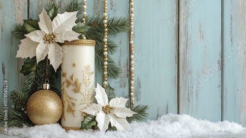 Golden poinsettia flowers and snowy pine branches, with a white candle in an ornament hanging on a wooden door. Adorned with golden ball, beads, and a light blue wall background.