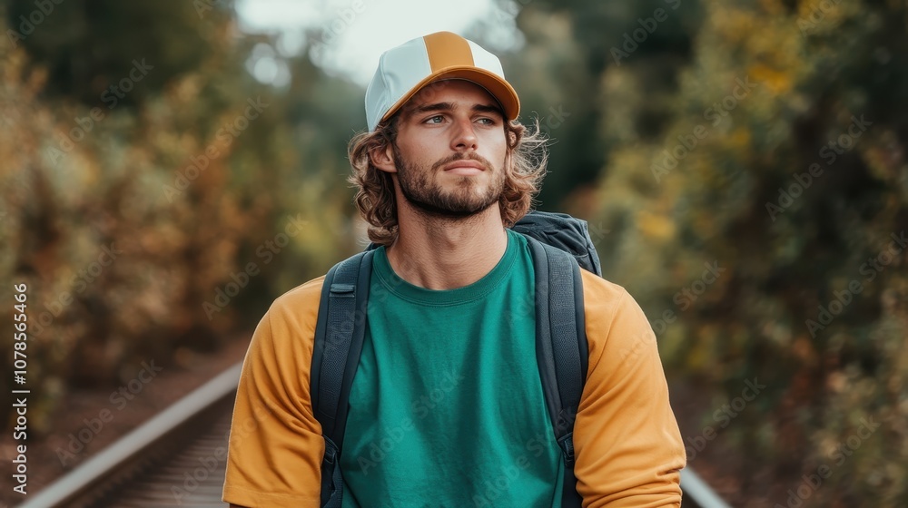 An adventurous traveler standing on railway tracks with a backpack, surrounded by a lush green nature backdrop, symbolizing exploration and freedom. An adventurous traveler standing on railway tracks with a backpack, surrounded by a lush green nature backdrop, symbolizing exploration and freedom.