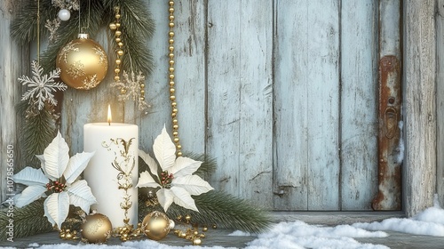 Golden poinsettia flowers and snowy pine branches, with a white candle in an ornament hanging on a wooden door. Adorned with golden ball, beads, and a light blue wall background.